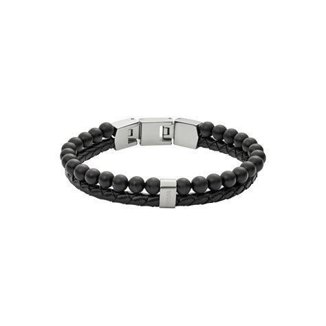 Achat Bracelet Fossil Mens Vintage Casual En Cuir Acier Et Agates Noires