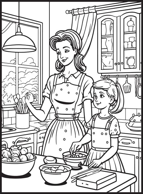 Mother Son Kitchen Coloring Page 23175413 Vector Art At Vecteezy