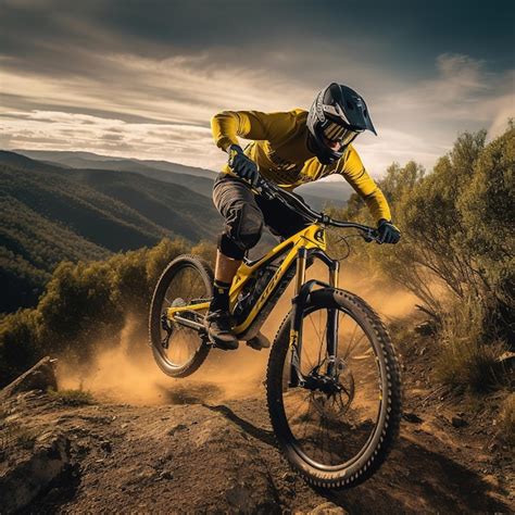 Mountainbiker Em Declive Na Paisagem Montanhosa Foto Premium