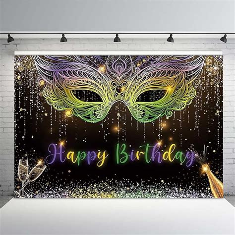 7x5ft Mardi Gras Theme Backdrop Masquerade Happy Birthday Party Background Purple Green Gold