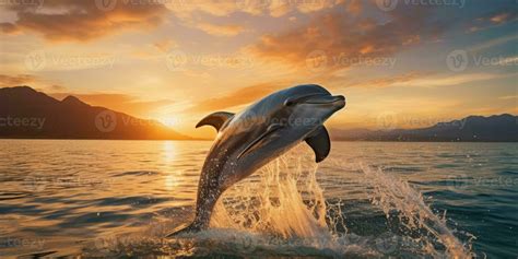 beautiful dolphin leaping jumping from shining sunset sea AI Generative 33482405 Stock Photo at ...