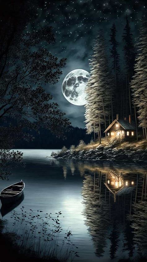 Lake Side House Moon Night iPhone Wallpaper HD - iPhone Wallpapers