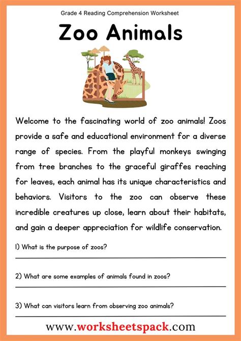 Zoo Animals Reading Comprehension Worksheet For 4th Graders In 2024