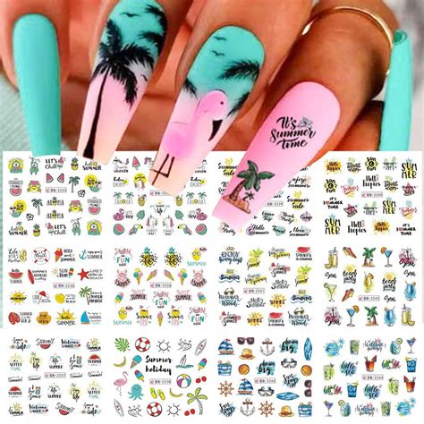 12 Sheets Summer Element Nail Art Stickers Watermelon Ice Cream Water ...