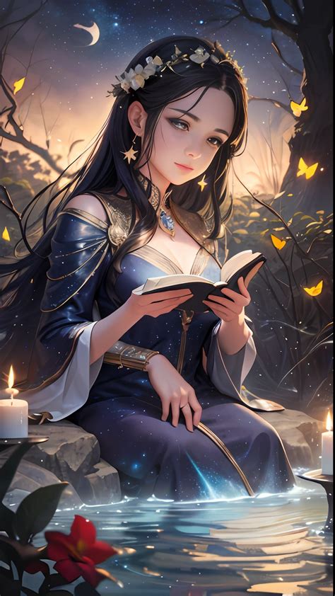 Goddess Of The Moon Perfect Face Sitting On A Rock In The Forest Reading A Magical Book With