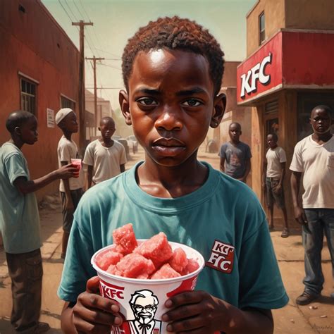 Staving African Kid Eating KFC And Watermelon Drink