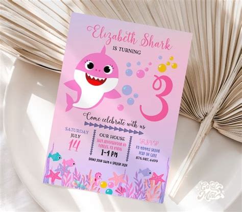 Editable Baby Shark Birthday Invitations Pink Baby Shark Etsy Hacer