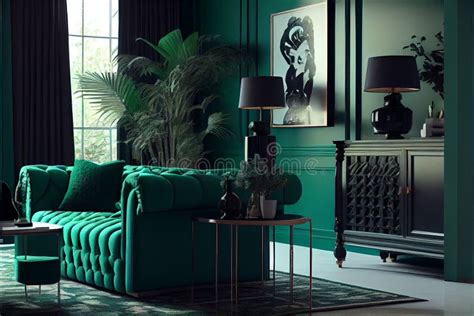 Modern Living Room in Emerald Green Colour Stock Photo - Image of decor ...