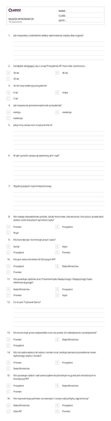 Ponad W Adza Wykonawcza Arkuszy Roboczych Dla Klasa W Quizizz
