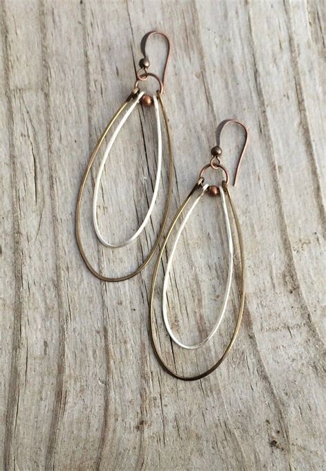 Mixed Metal Earrings Long Hoop Earrings Silver Copper Jewelry Hammered Copper Hoop Earrings