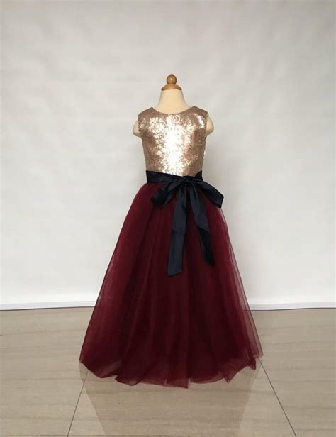 Floor Length Matte Champagne Gold Sequin Burgundy Tulle Flower Girl