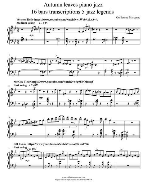 Autumn Leaves Piano Jazz 16 Bars Transcriptions 5 Jazz Legends Sheet