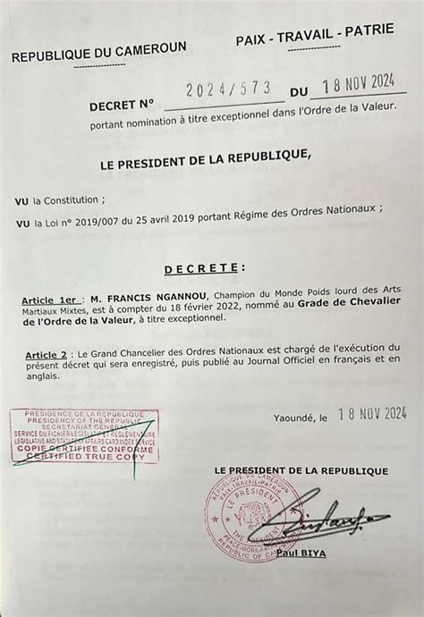 Paul Biya L Ve Francis Ngannou Au Grade De Chevalier De Lordre De La