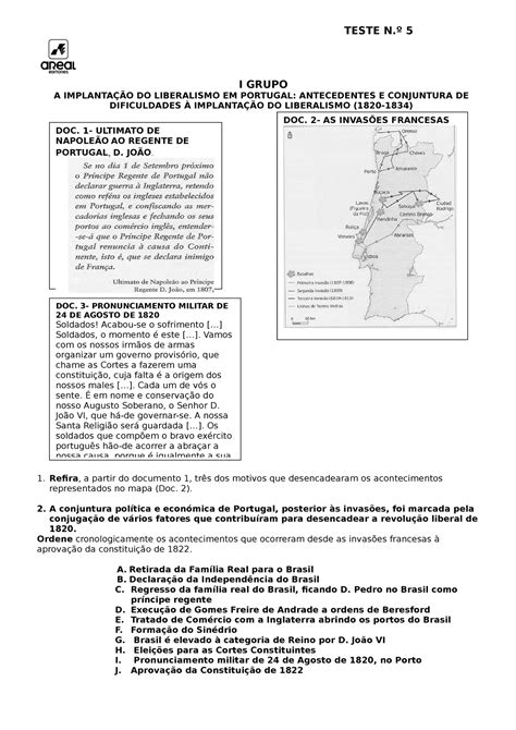 Teste 5 TESTE N º 5 I GRUPO A IMPLANTAÇÃO DO LIBERALISMO EM PORTUGAL