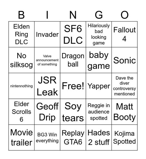 Game Awards Bingo Card