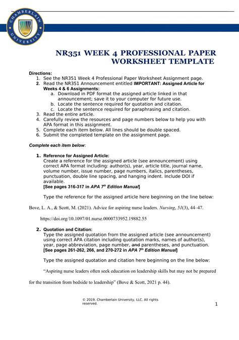 Nr Week Assignment Professional Paper Worksheet Nr