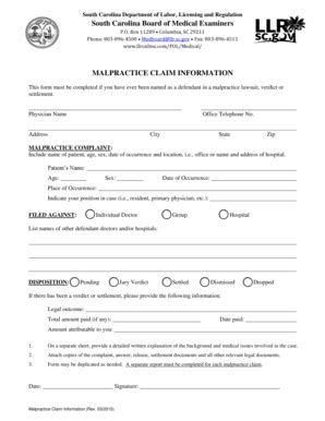 Fillable Online MALPRACTICE CLAIM INFORMATION Llrstatescus Fax Email