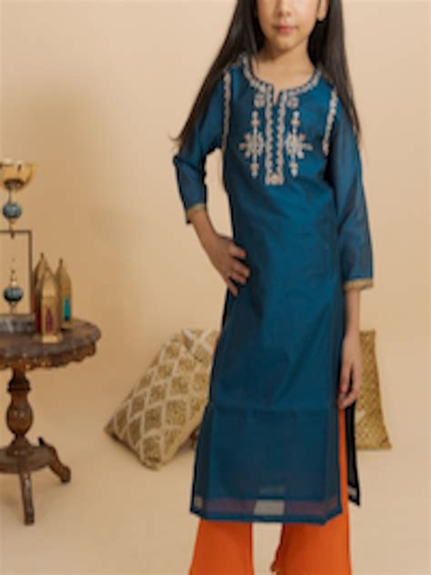 Buy BAESD Girls Ethnic Motifs Embroidered Chanderi Cotton Kurta With