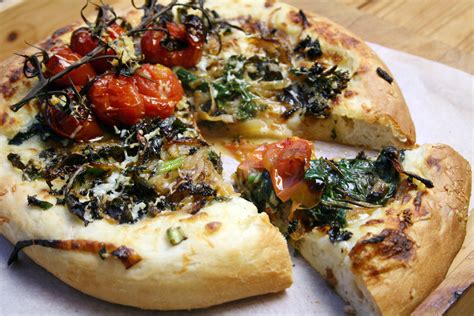 Olive Oil White Sauce Pizza With Caramelised Onions Kale Spinach And