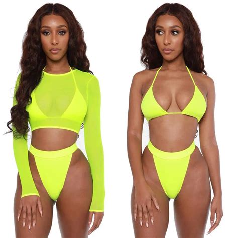 Sexy Mesh Long Sleeve Pieces Bikini Neon Color High Waist Triangle Swimsuit China Swimsuit