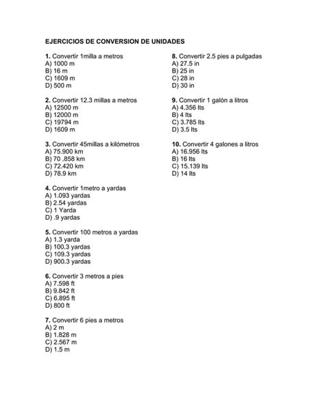 Ejercicios De Conversion De Unidades Pdf