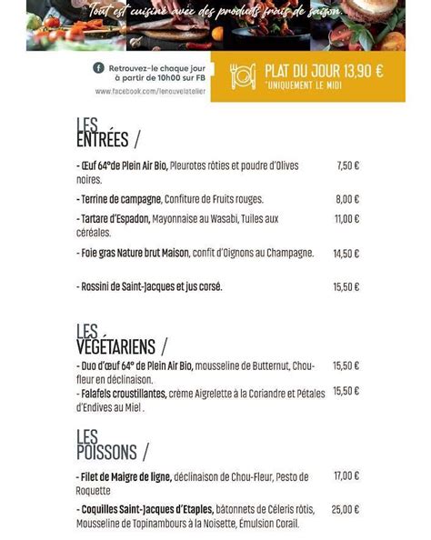 Menu Au Le Nouvel Atelier Restaurant La Madeleine