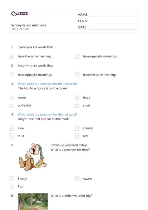 50 Synonyms And Antonyms Worksheets For 4th Grade On Quizizz
