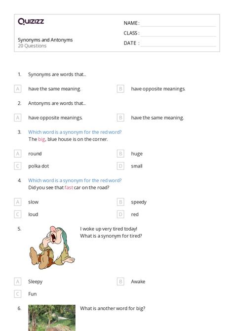 Synonyms And Antonyms Worksheets For Th Grade On Quizizz