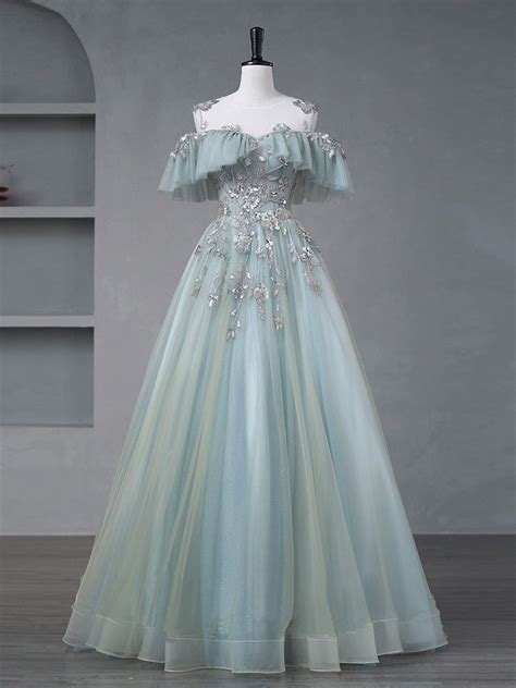 A Line Blue Tulle Sequin Lace Long Prom Dress Blue Lace Sweet 16 Dress