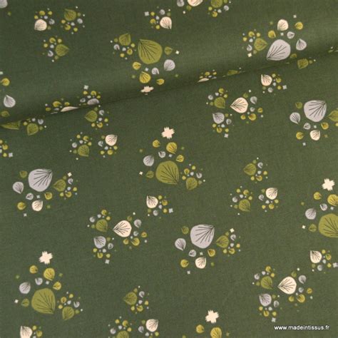 Tissu Cotton And Steel Collection Camp Creek Motifs Fleurs Fond Vert