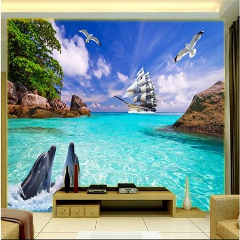 Beibehang Large Custom Wallpaper Dolphin Bay Sailing Living Room