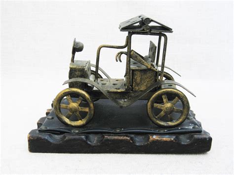 Vintage Car Sculpture Folk Art Metal Model T Handmade Metal Art Man