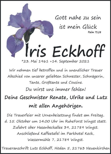 Traueranzeigen Von Iris Eckhoff Trauer Gedenken