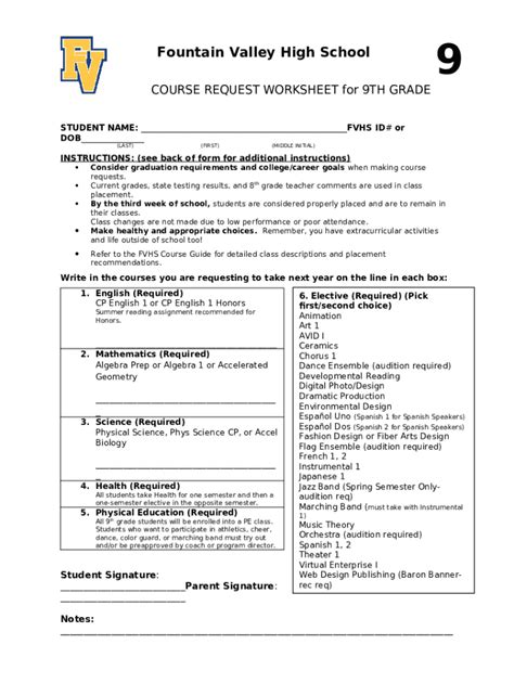 9th Grade Course Request 2020 2021 Doc Template Pdffiller
