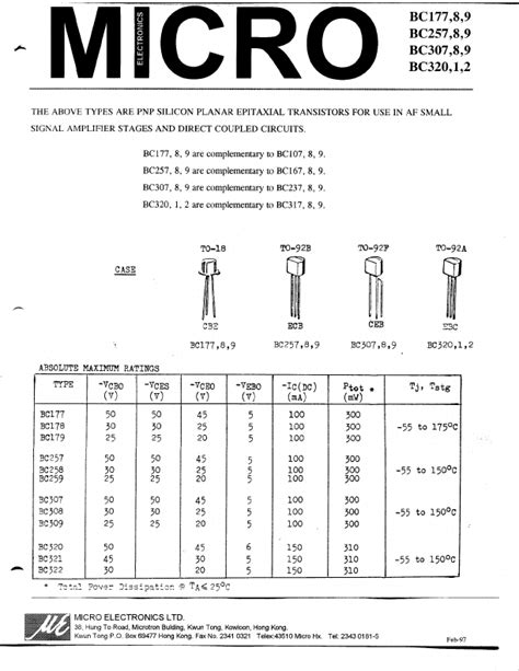 BC259 Micro Electronics TRANSISTOR Hoja de datos Ficha técnica