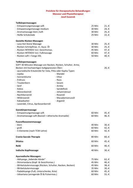 Preisliste Massagen Im Haus