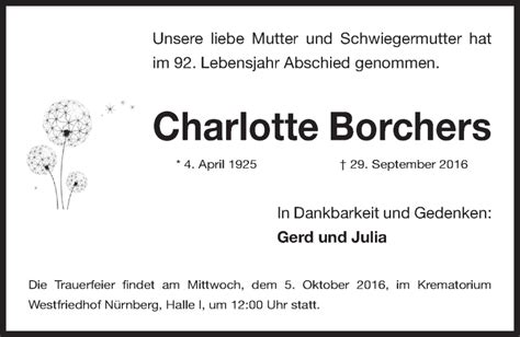 Traueranzeigen Von Charlotte Borchers Trauer Nn De