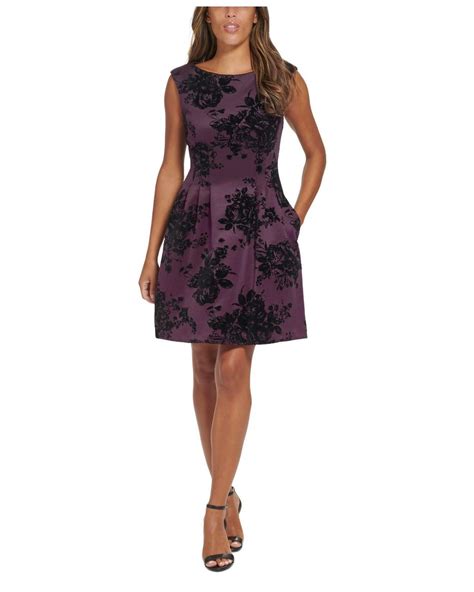 Vince Camuto Boat Neck Flocked Scuba Fit And Flare Dress In Purple Lyst