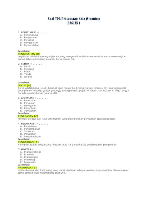 Contoh Soal Tpa Persamaan Kata Sinonim Bagian 1 Pdf