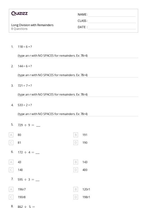 50 Division With Remainders Worksheets For 4th Grade On Quizizz Worksheets Library