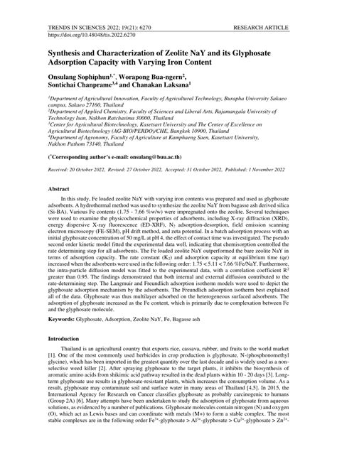 PDF Synthesis And Characterization Of Zeolite NaY And Its Glyphosate