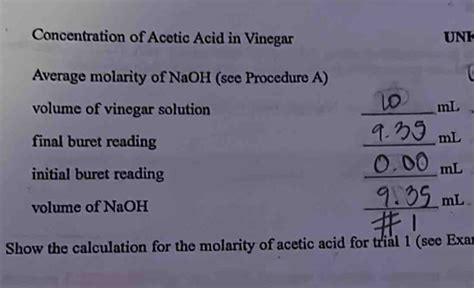 Solved Concentration Of Acetic Acid In Vinegar UNI Average Molarity Of