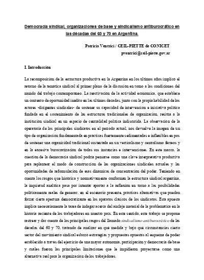 Democracia Sindical Organizaciones De Base Y Sindicalismo