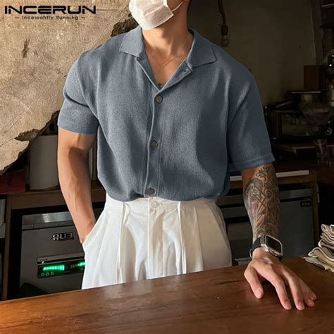 Incerun Mens Short Sleeve Fashion Knitted Tops Lapel Simple Plain Color