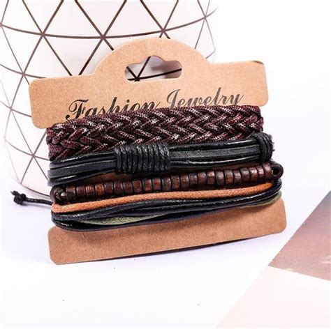 Buy 1 Set Leather Bracelet Men Multilayer Bead Bracelet Punk Wrap