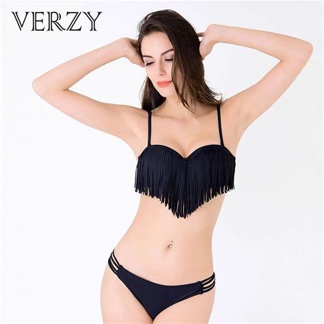 Sexy Tassel Bikini Swimsuit 2017 Push Up Micro Thong Padded Bra Fringed