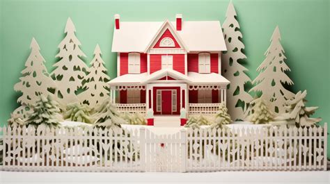 A Papercut Scene Of A White Gingerbread House With A Red Fence Set In