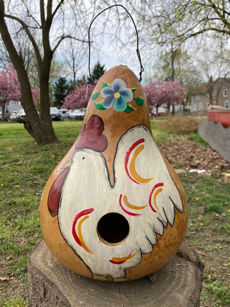 Natural Birdhouse Gourd Handpainted With Rooster Etsy