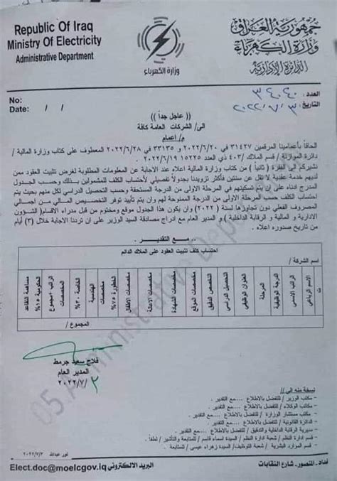 وزارة الكهرباء تصدر إعماماً الى الشركات حول احتساب كلف تثبيت العقود على