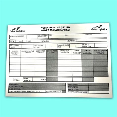 Driver Trailer Manifest Pads Yusen Merchandising